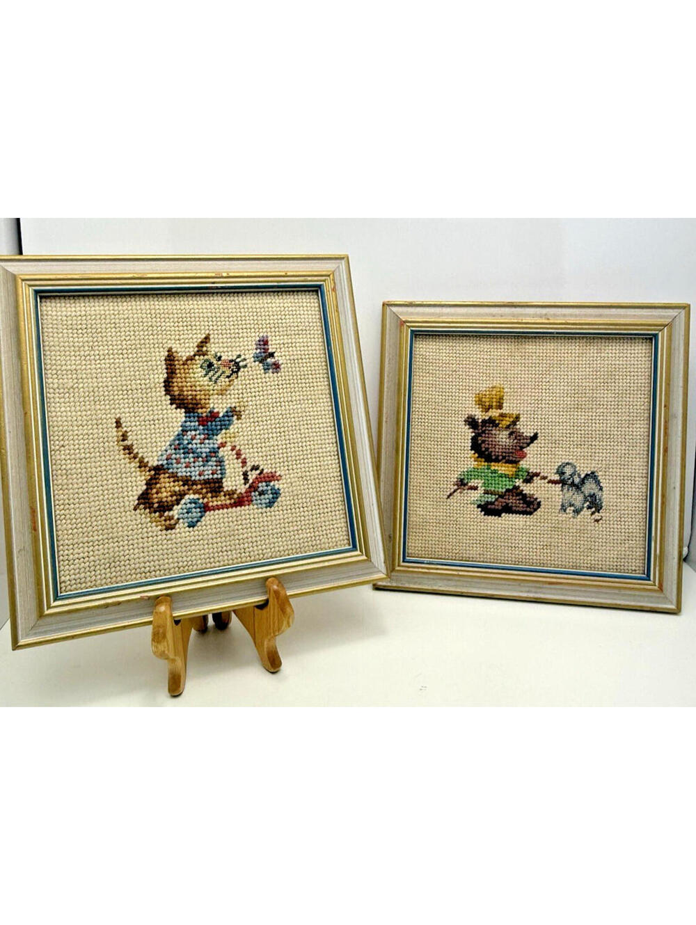 Vtg Needlepoint Kitten Cat on Scooter Butterfly Bear Poodle Yarn Art Set of 2